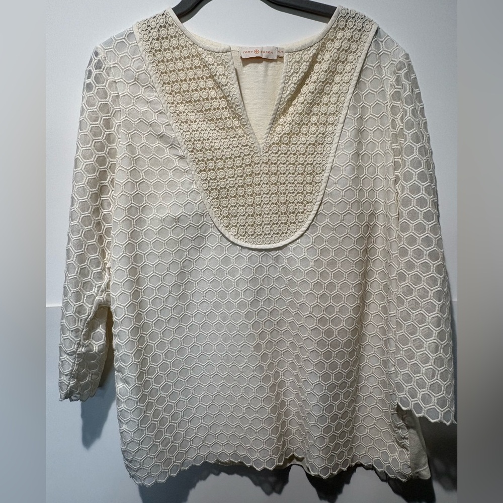 Tory Burch Cream Crochet V-Neck Knit Top